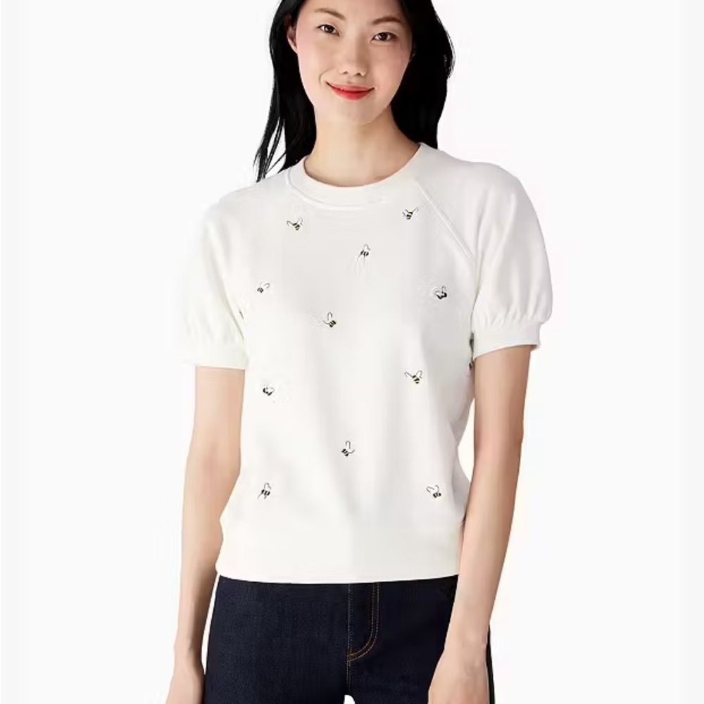 Kate Spade White Bee-Embroidered Short Sleeve Top XS